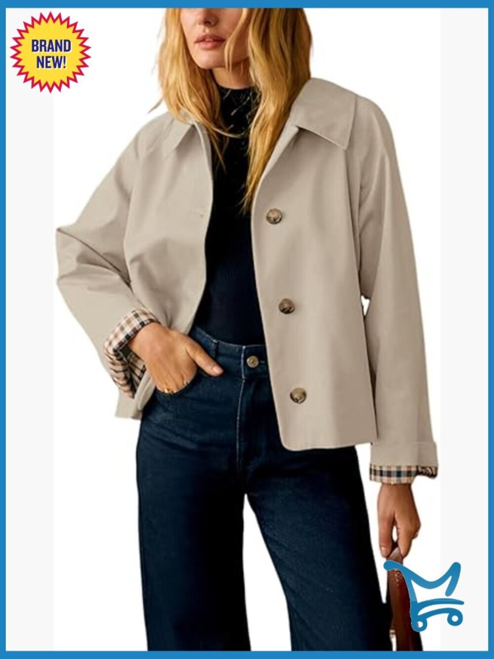 Oversized Trench Coat Plaid Lining Lapel Button Down Crop Jacket
